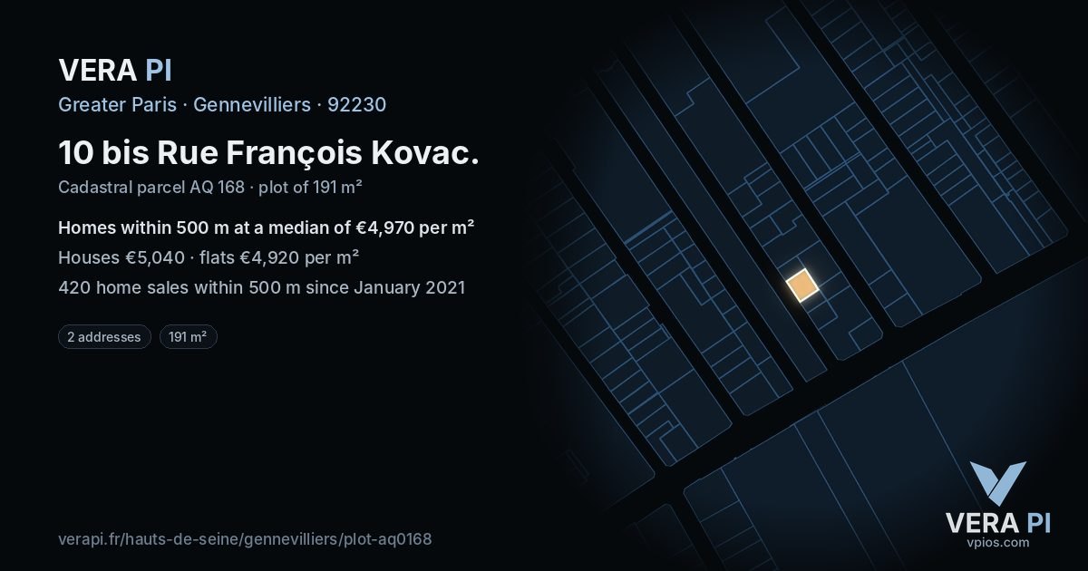 10 bis Rue François Kovac, Gennevilliers at night – the plot lit, the parcels around coloured by the prices near them