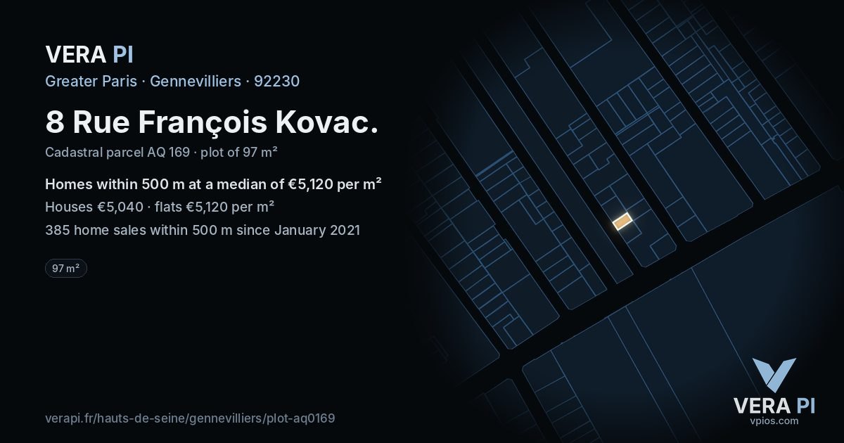 8 Rue François Kovac, Gennevilliers at night – the plot lit, the parcels around coloured by the prices near them