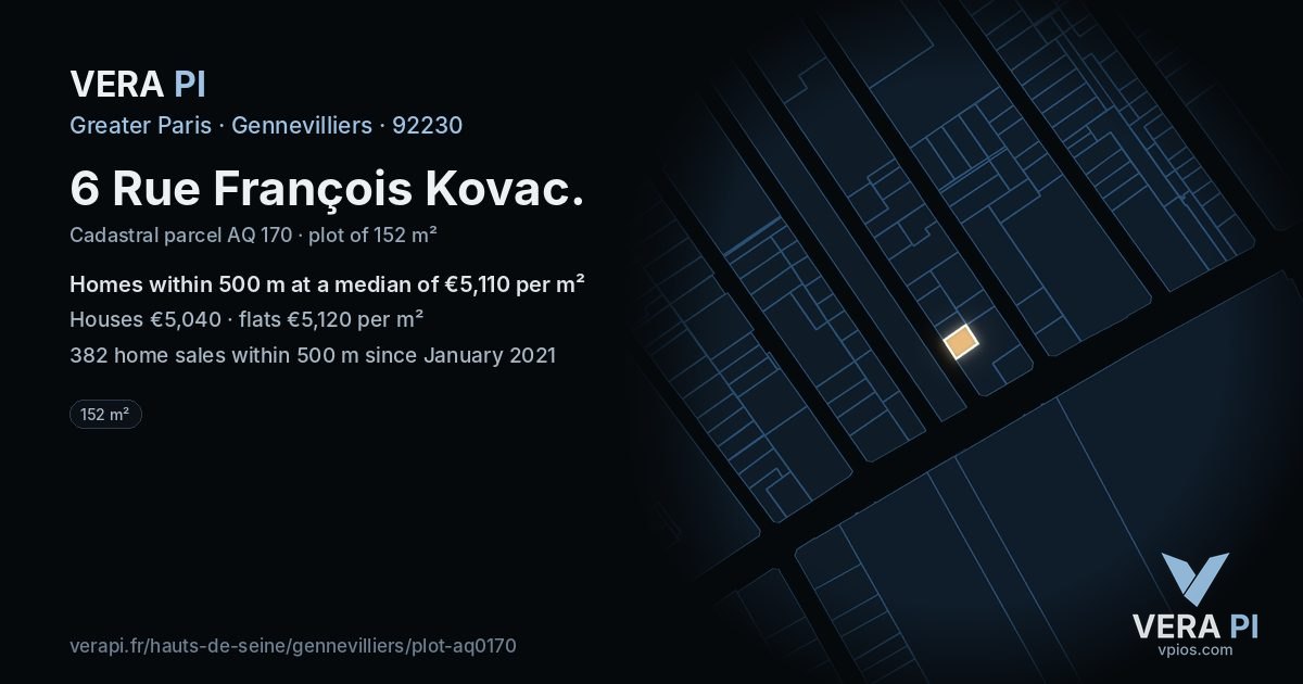 6 Rue François Kovac, Gennevilliers at night – the plot lit, the parcels around coloured by the prices near them