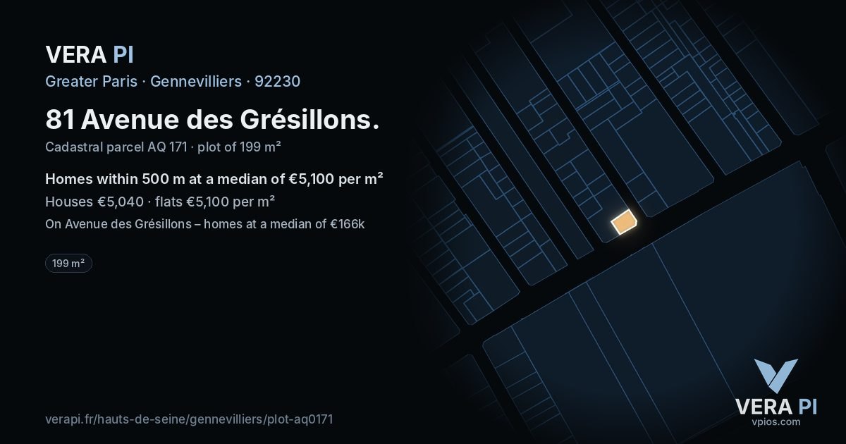 81 Avenue des Grésillons, Gennevilliers at night – the plot lit, the parcels around coloured by the prices near them