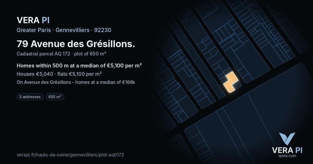 79 Avenue des Grésillons, Gennevilliers at night – the plot lit, the parcels around coloured by the prices near them