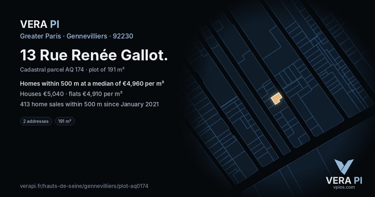 13 Rue Renée Gallot, Gennevilliers at night – the plot lit, the parcels around coloured by the prices near them