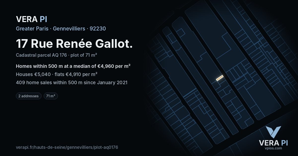 17 Rue Renée Gallot, Gennevilliers at night – the plot lit, the parcels around coloured by the prices near them