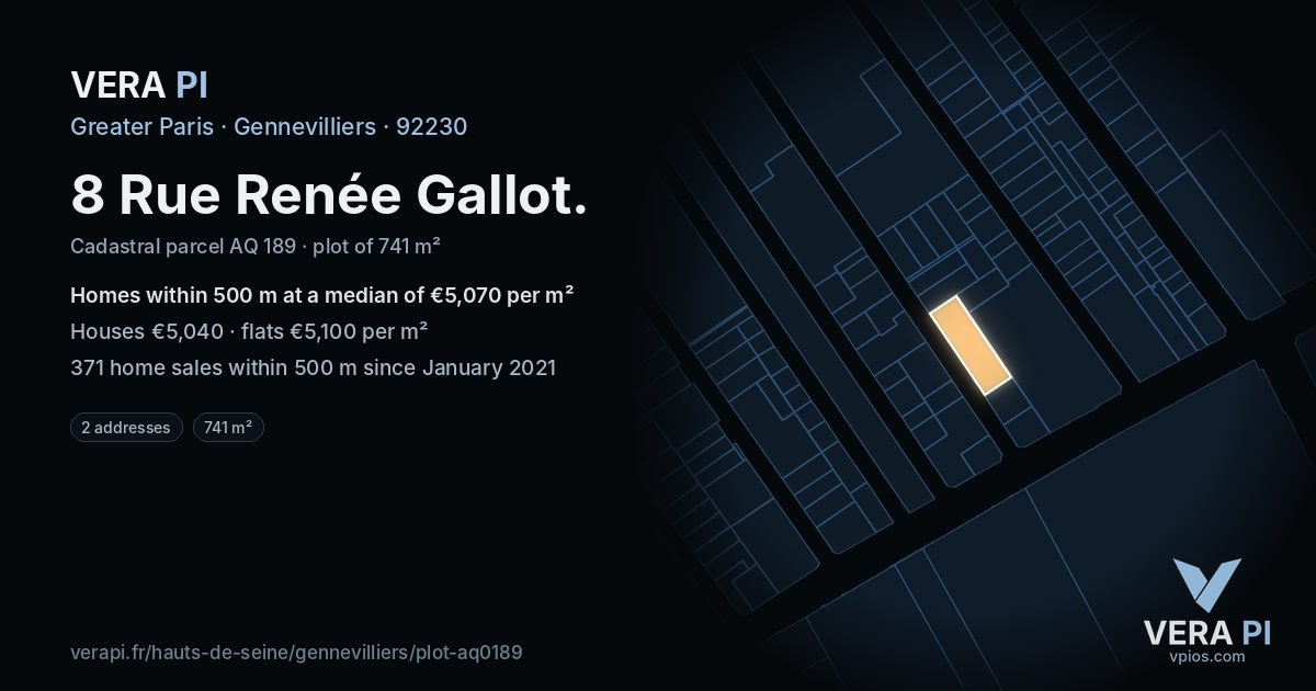 8 Rue Renée Gallot, Gennevilliers at night – the plot lit, the parcels around coloured by the prices near them