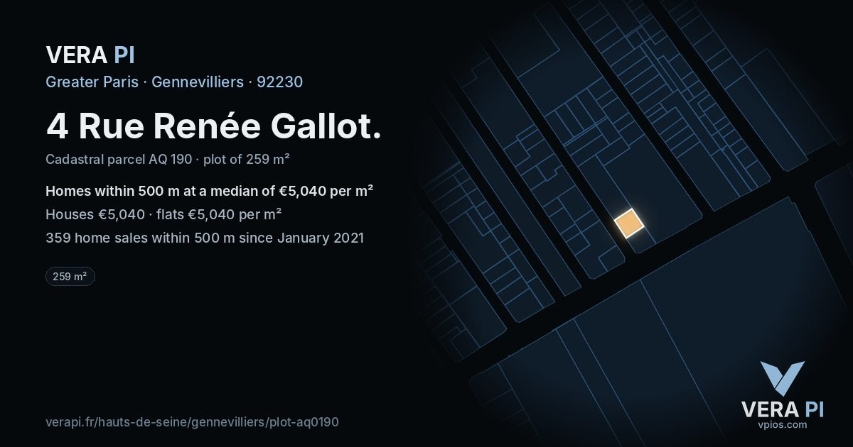 4 Rue Renée Gallot, Gennevilliers at night – the plot lit, the parcels around coloured by the prices near them