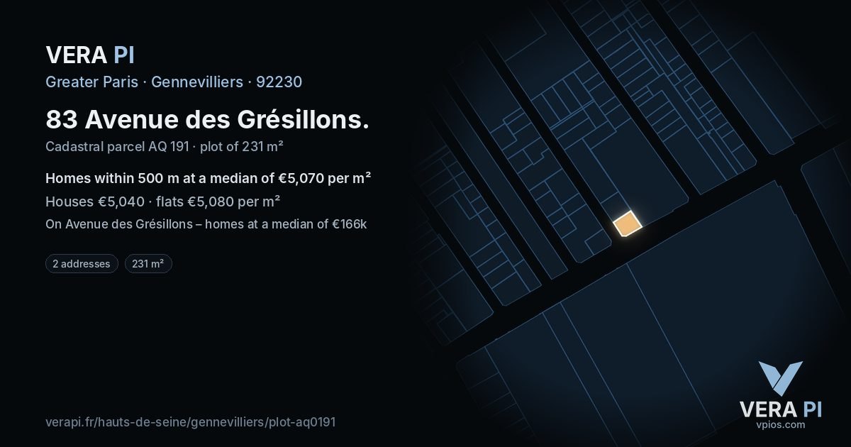 83 Avenue des Grésillons, Gennevilliers at night – the plot lit, the parcels around coloured by the prices near them