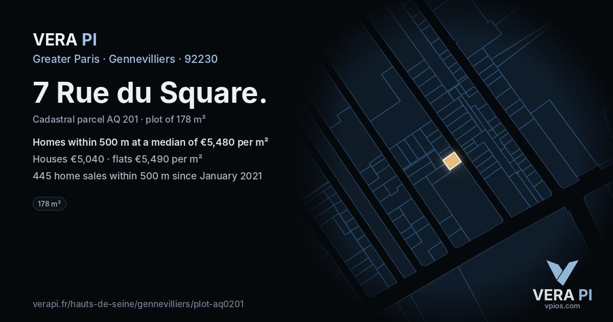 7 Rue du Square, Gennevilliers at night – the plot lit, the parcels around coloured by the prices near them