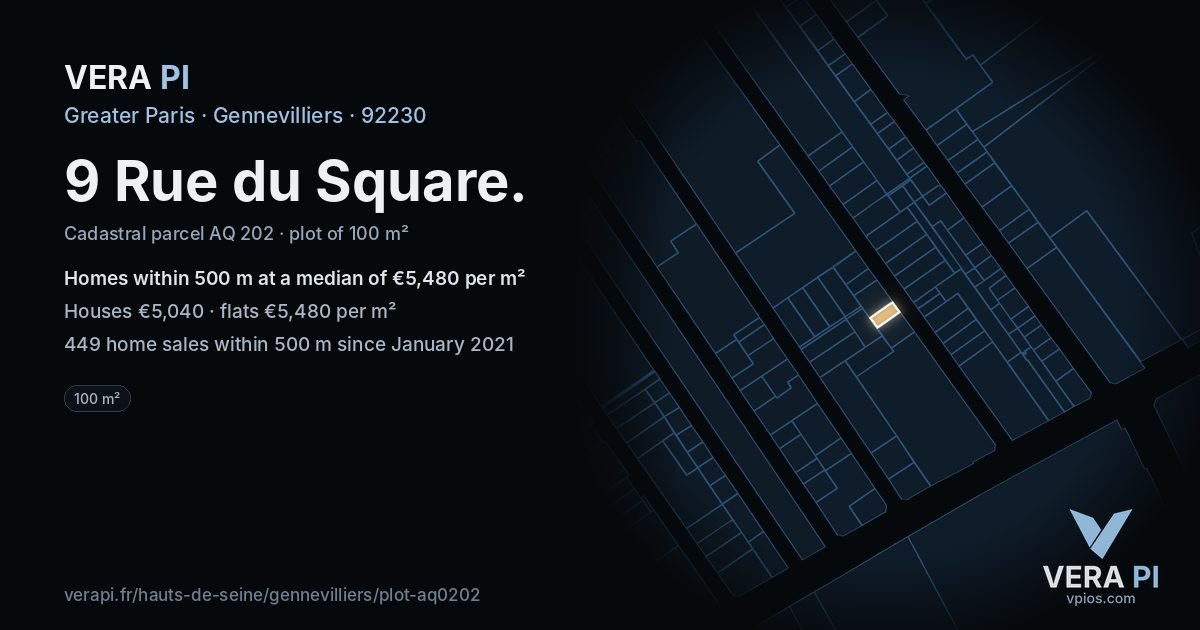 9 Rue du Square, Gennevilliers at night – the plot lit, the parcels around coloured by the prices near them