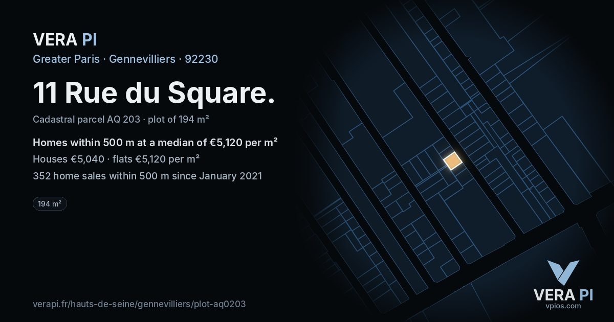 11 Rue du Square, Gennevilliers at night – the plot lit, the parcels around coloured by the prices near them