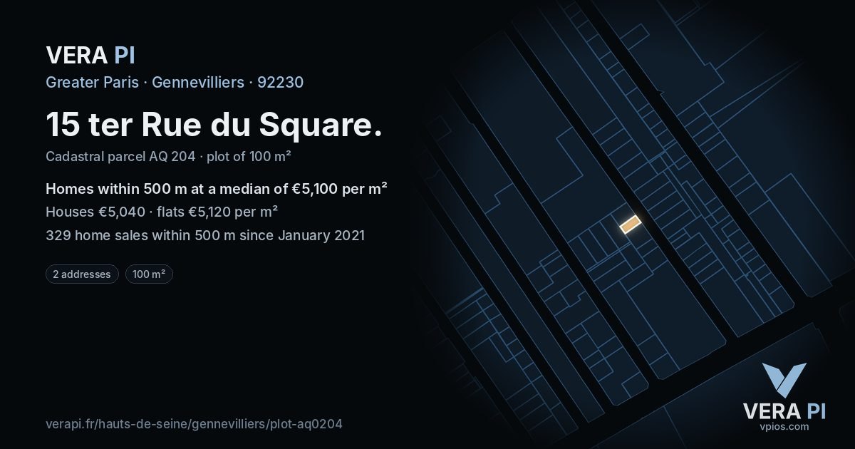 15 ter Rue du Square, Gennevilliers at night – the plot lit, the parcels around coloured by the prices near them
