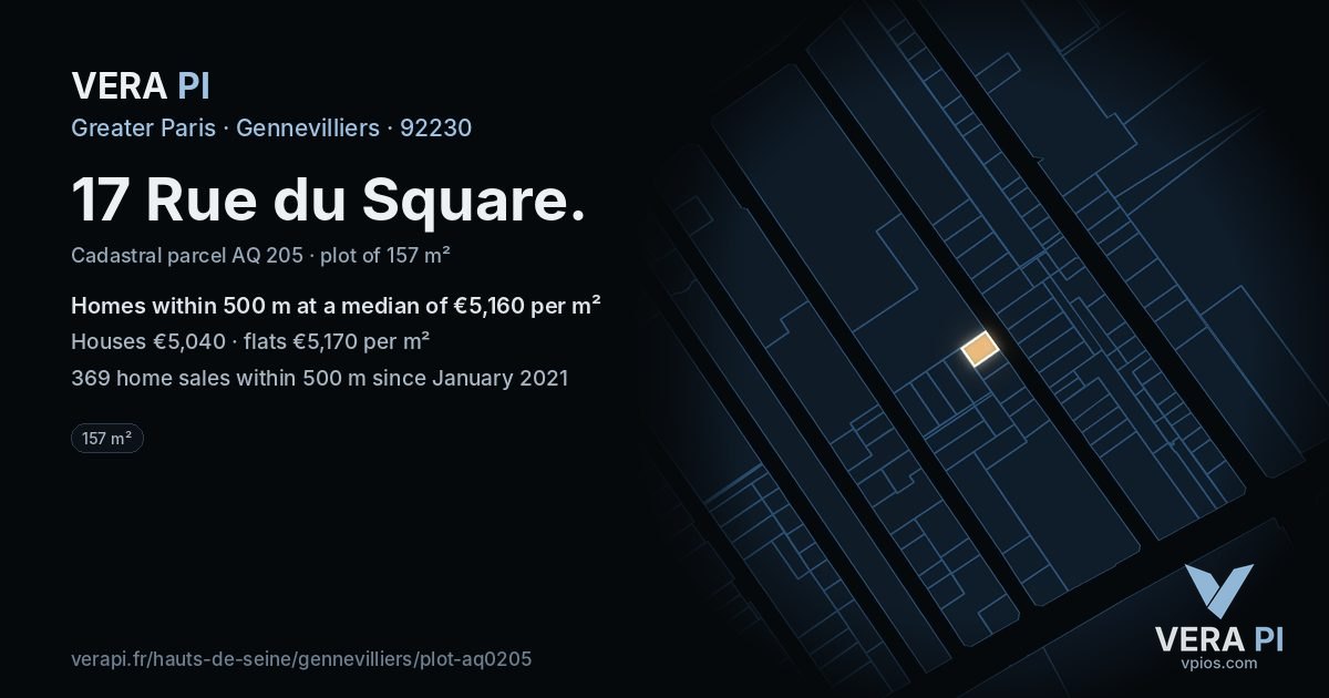 17 Rue du Square, Gennevilliers at night – the plot lit, the parcels around coloured by the prices near them