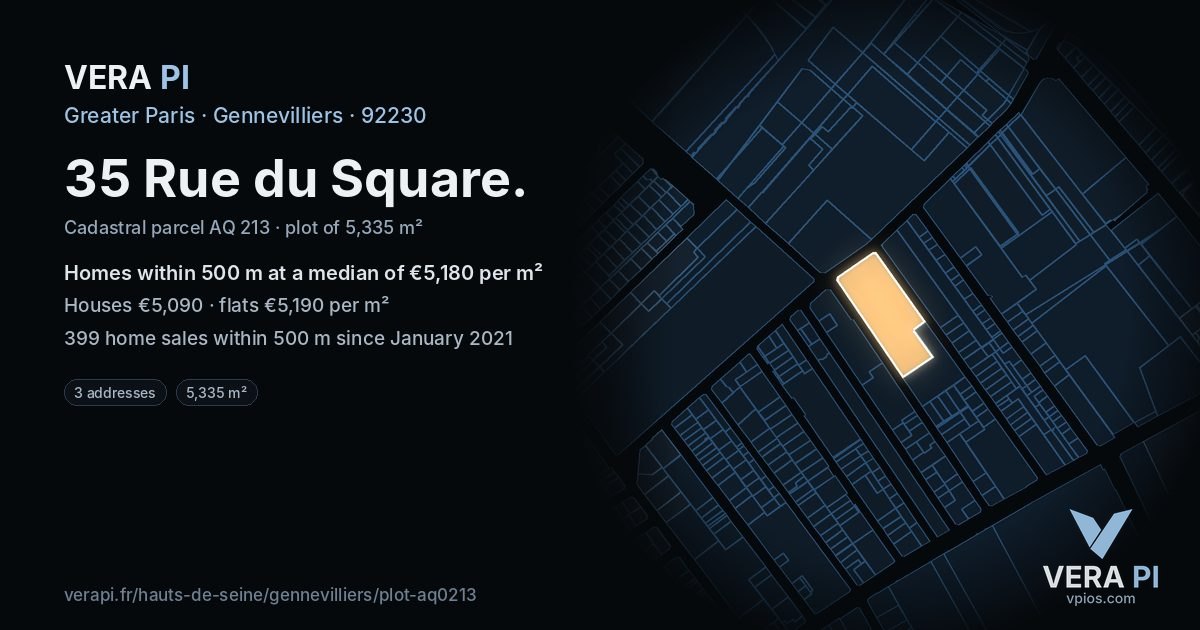 35 Rue du Square, Gennevilliers at night – the plot lit, the parcels around coloured by the prices near them