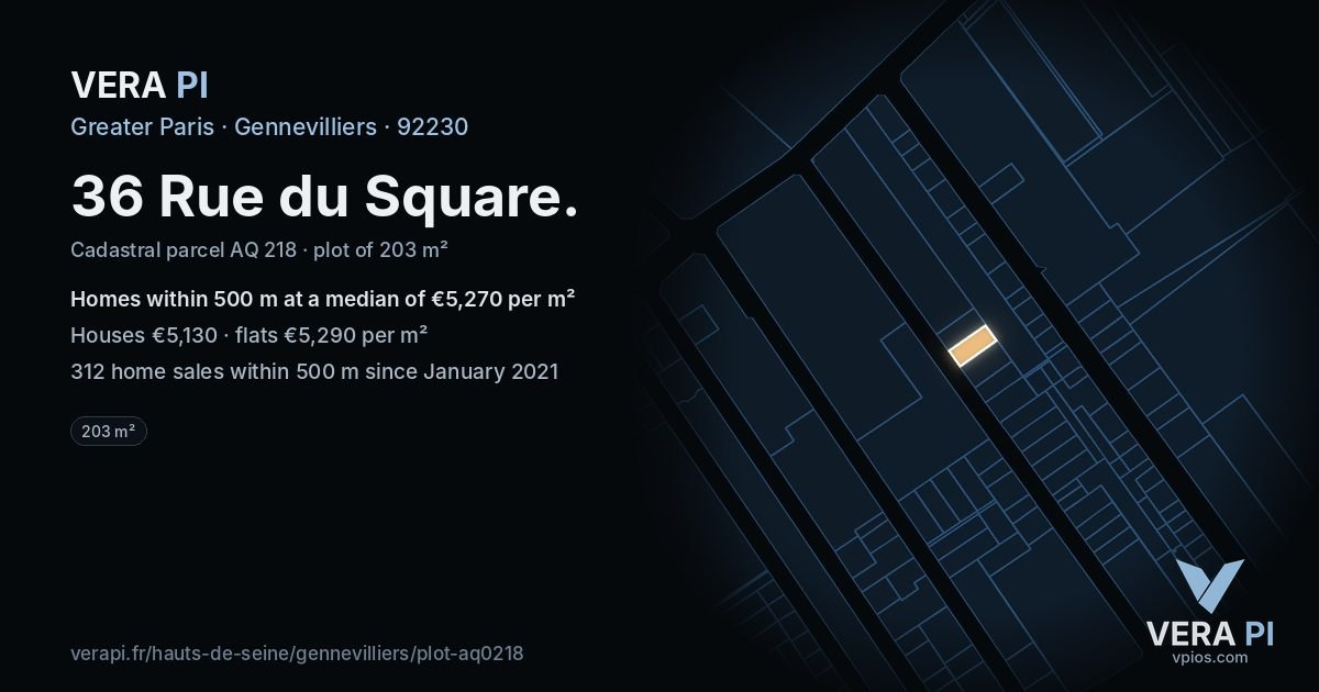 36 Rue du Square, Gennevilliers at night – the plot lit, the parcels around coloured by the prices near them