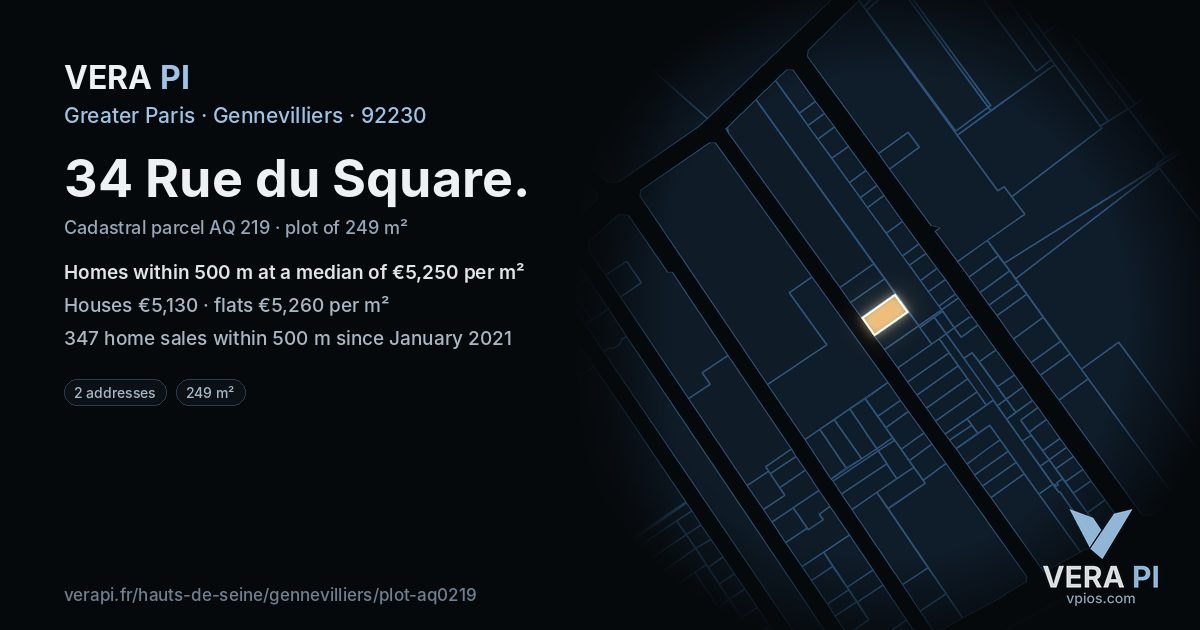34 Rue du Square, Gennevilliers at night – the plot lit, the parcels around coloured by the prices near them
