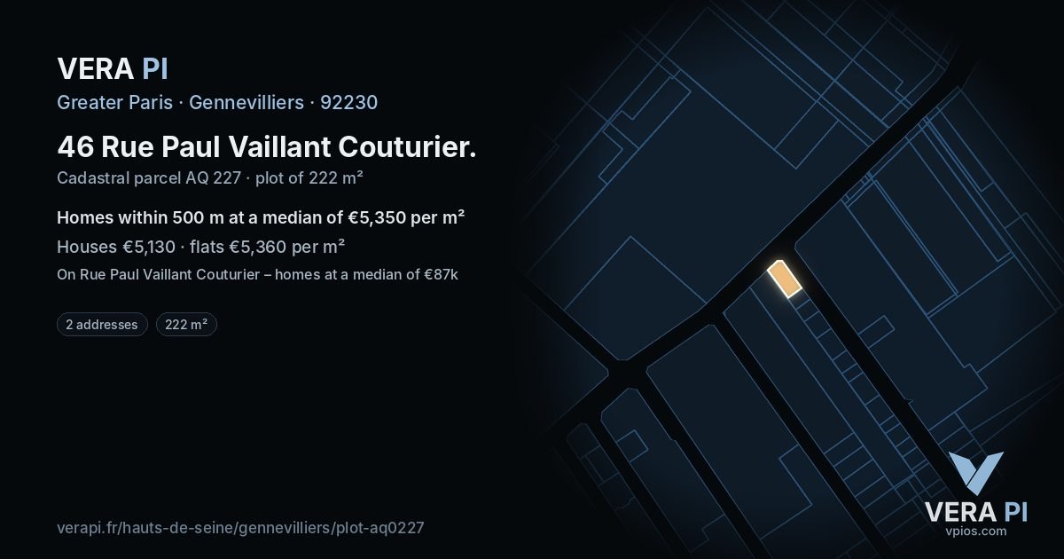 46 Rue Paul Vaillant Couturier, Gennevilliers at night – the plot lit, the parcels around coloured by the prices near them