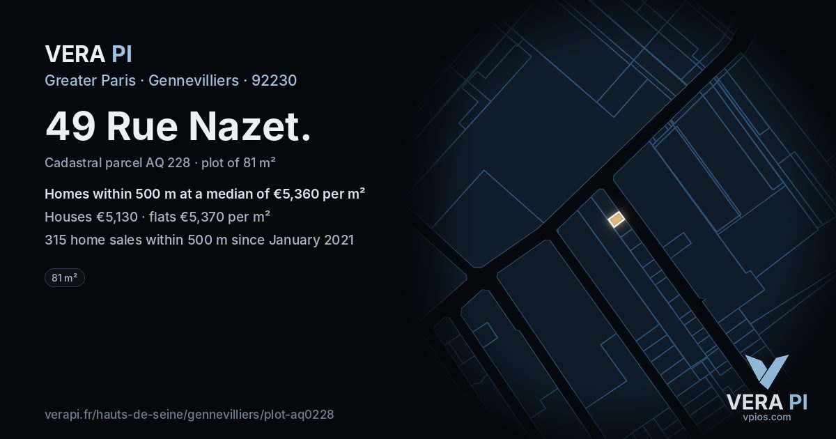 49 Rue Nazet, Gennevilliers at night – the plot lit, the parcels around coloured by the prices near them