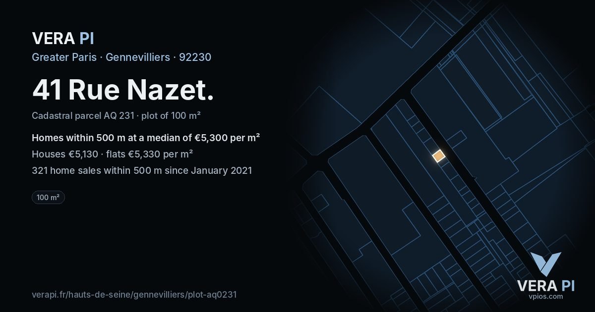 41 Rue Nazet, Gennevilliers at night – the plot lit, the parcels around coloured by the prices near them