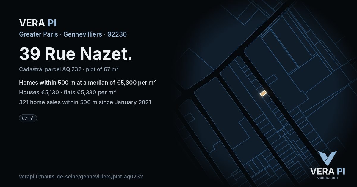 39 Rue Nazet, Gennevilliers at night – the plot lit, the parcels around coloured by the prices near them