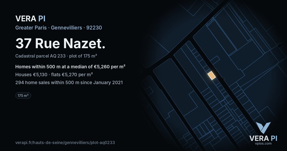 37 Rue Nazet, Gennevilliers at night – the plot lit, the parcels around coloured by the prices near them