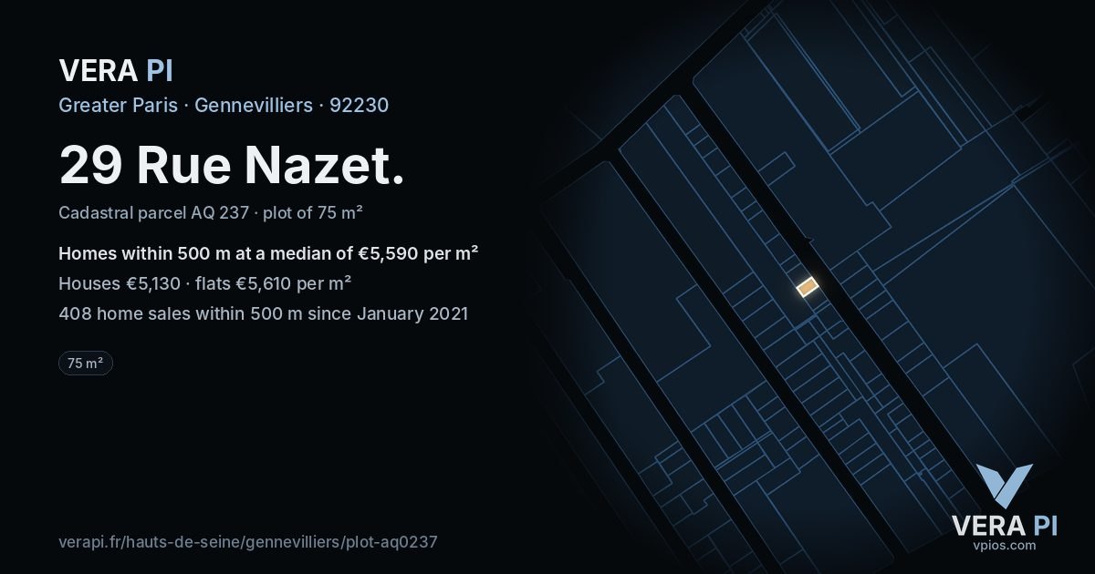 29 Rue Nazet, Gennevilliers at night – the plot lit, the parcels around coloured by the prices near them