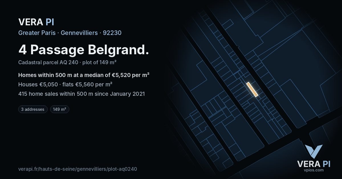4 Passage Belgrand, Gennevilliers at night – the plot lit, the parcels around coloured by the prices near them