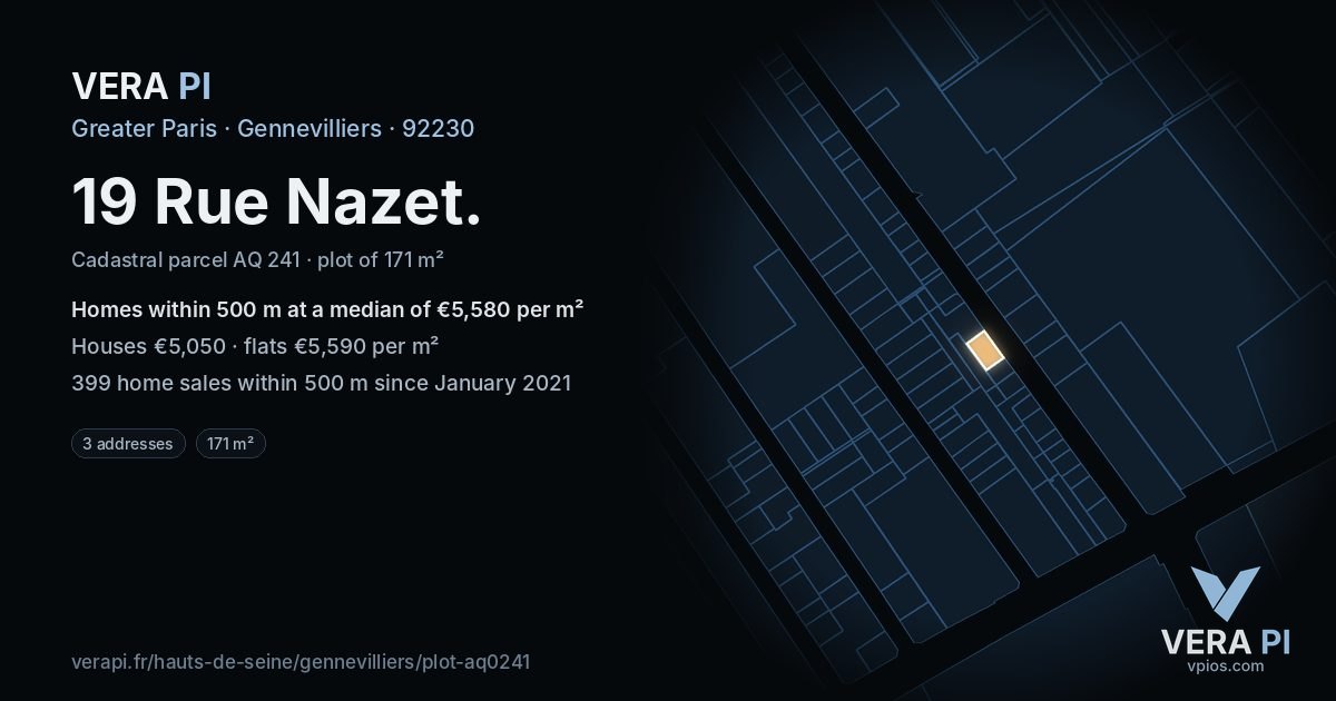 19 Rue Nazet, Gennevilliers at night – the plot lit, the parcels around coloured by the prices near them