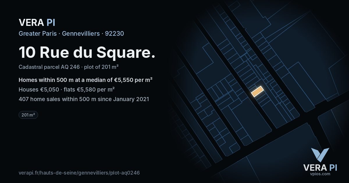 10 Rue du Square, Gennevilliers at night – the plot lit, the parcels around coloured by the prices near them