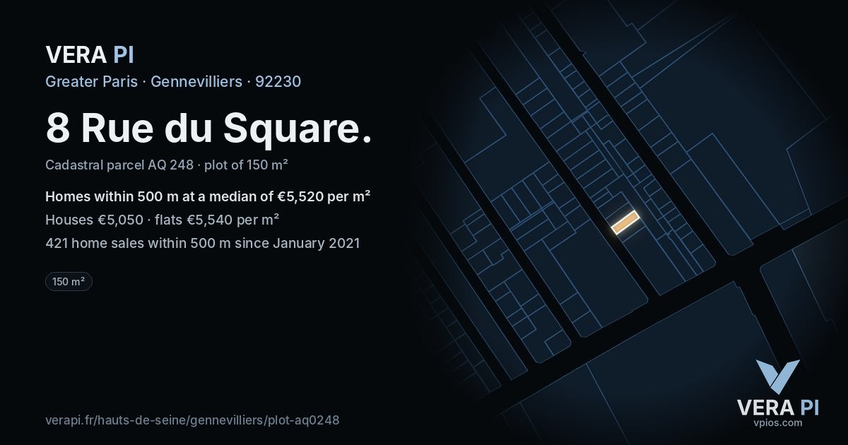 8 Rue du Square, Gennevilliers at night – the plot lit, the parcels around coloured by the prices near them
