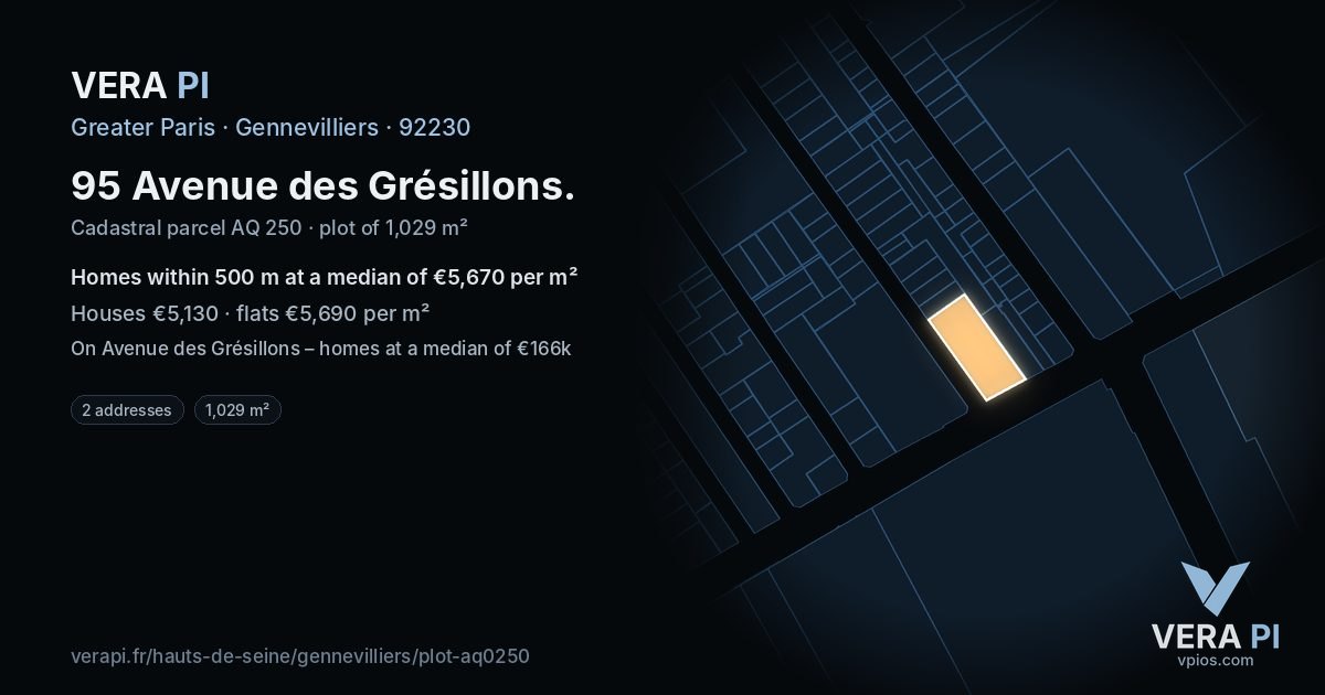 95 Avenue des Grésillons, Gennevilliers at night – the plot lit, the parcels around coloured by the prices near them