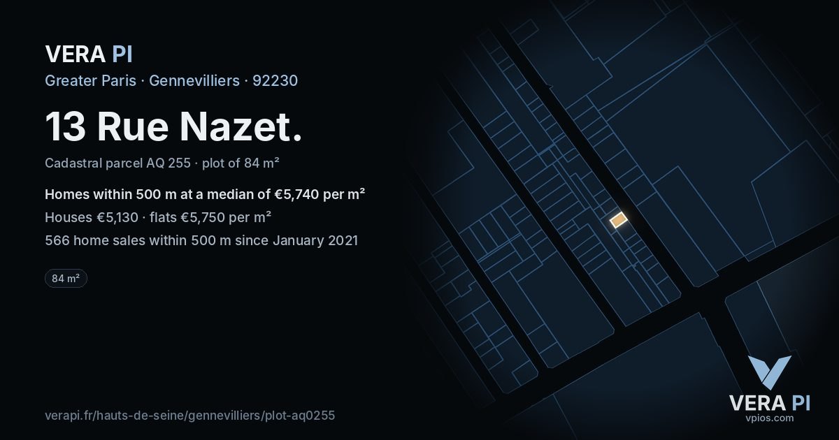 13 Rue Nazet, Gennevilliers at night – the plot lit, the parcels around coloured by the prices near them