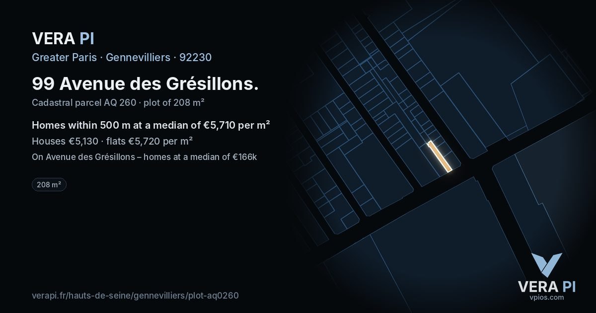 99 Avenue des Grésillons, Gennevilliers at night – the plot lit, the parcels around coloured by the prices near them
