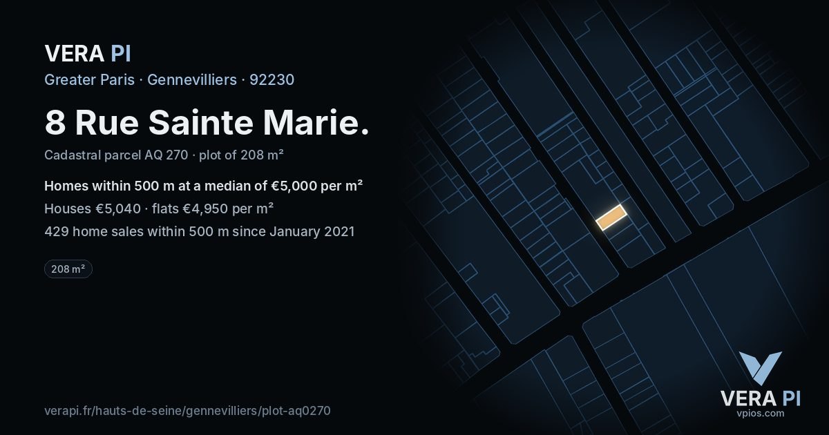 8 Rue Sainte Marie, Gennevilliers at night – the plot lit, the parcels around coloured by the prices near them