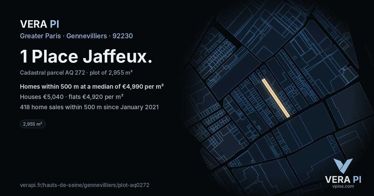 1 Place Jaffeux, Gennevilliers at night – the plot lit, the parcels around coloured by the prices near them