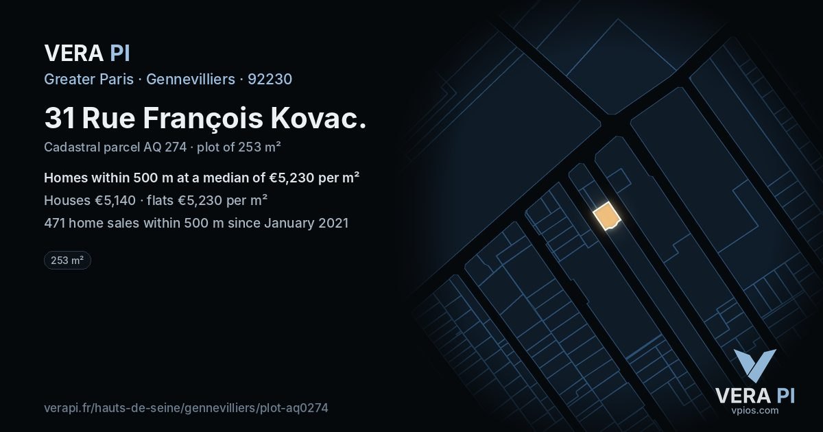 31 Rue François Kovac, Gennevilliers at night – the plot lit, the parcels around coloured by the prices near them