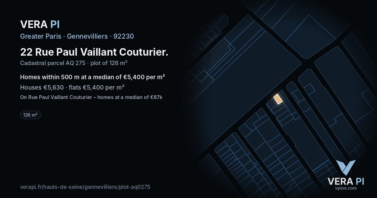 22 Rue Paul Vaillant Couturier, Gennevilliers at night – the plot lit, the parcels around coloured by the prices near them