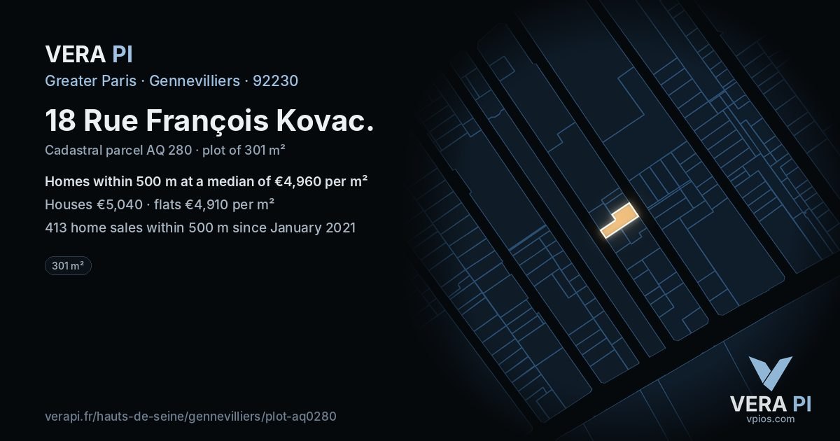 18 Rue François Kovac, Gennevilliers at night – the plot lit, the parcels around coloured by the prices near them