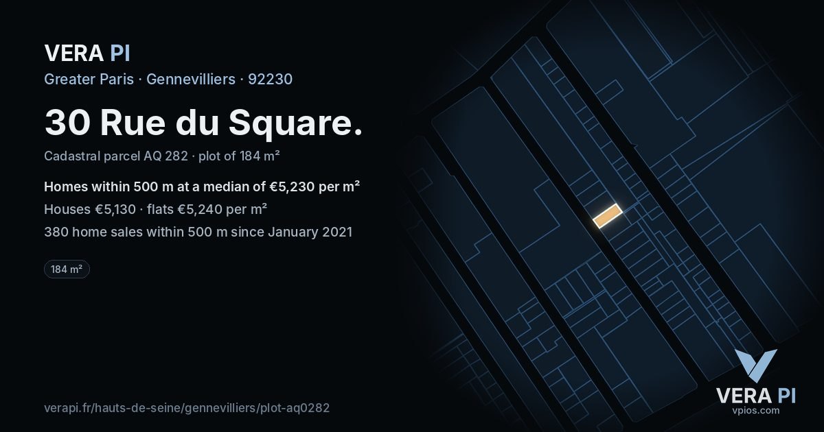 30 Rue du Square, Gennevilliers at night – the plot lit, the parcels around coloured by the prices near them