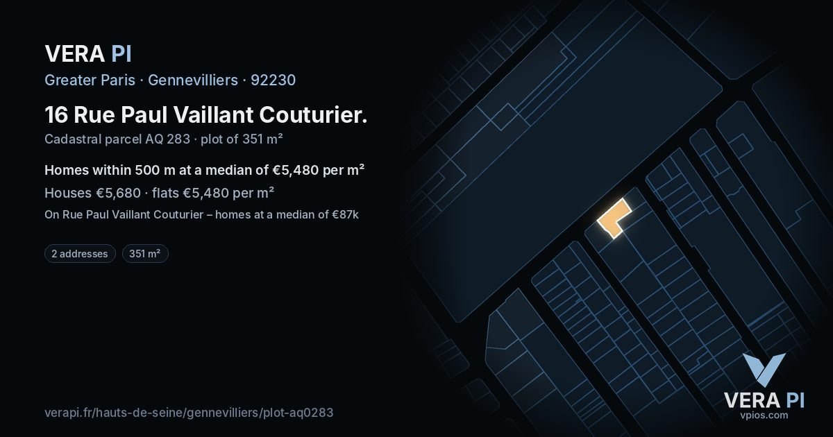 16 Rue Paul Vaillant Couturier, Gennevilliers at night – the plot lit, the parcels around coloured by the prices near them