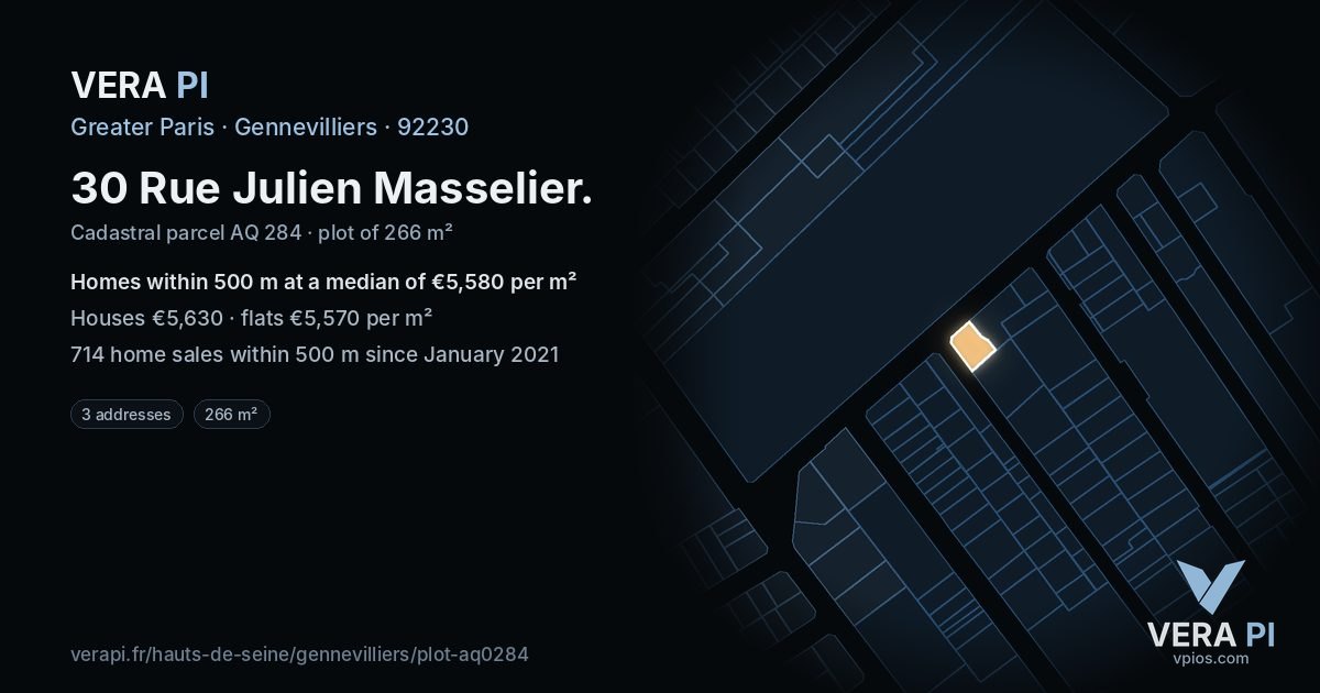 30 Rue Julien Masselier, Gennevilliers at night – the plot lit, the parcels around coloured by the prices near them