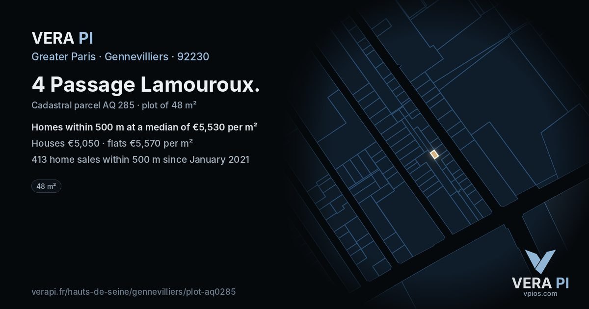 4 Passage Lamouroux, Gennevilliers at night – the plot lit, the parcels around coloured by the prices near them