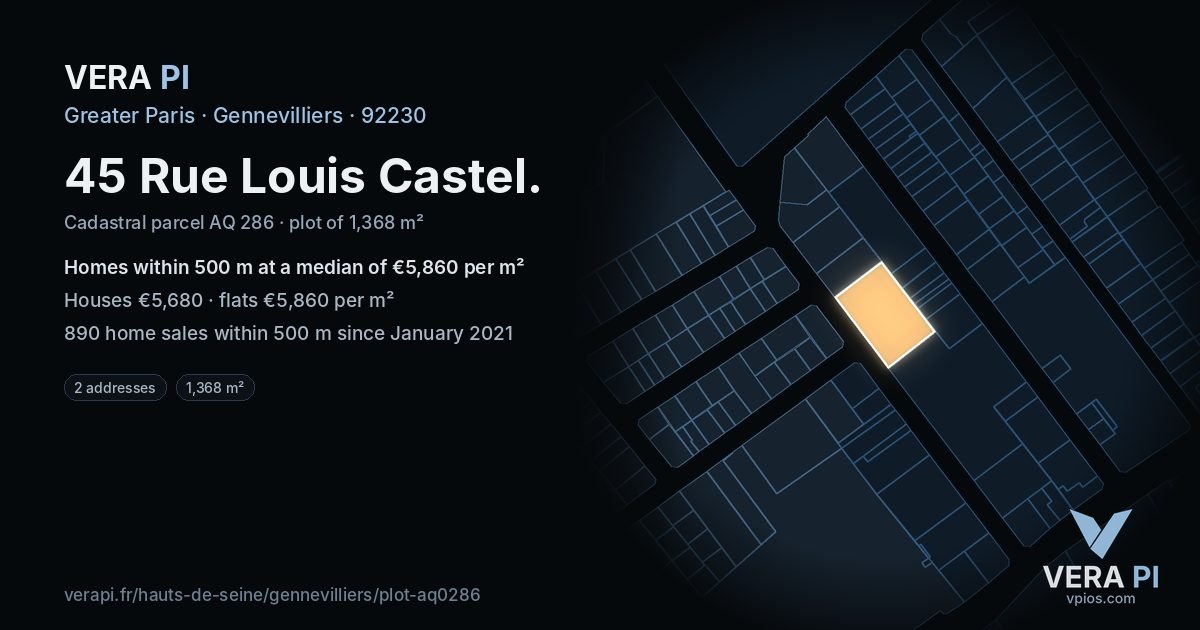 45 Rue Louis Castel, Gennevilliers at night – the plot lit, the parcels around coloured by the prices near them