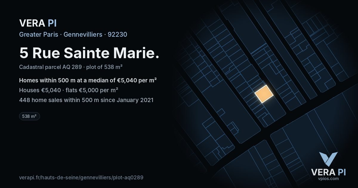 5 Rue Sainte Marie, Gennevilliers at night – the plot lit, the parcels around coloured by the prices near them