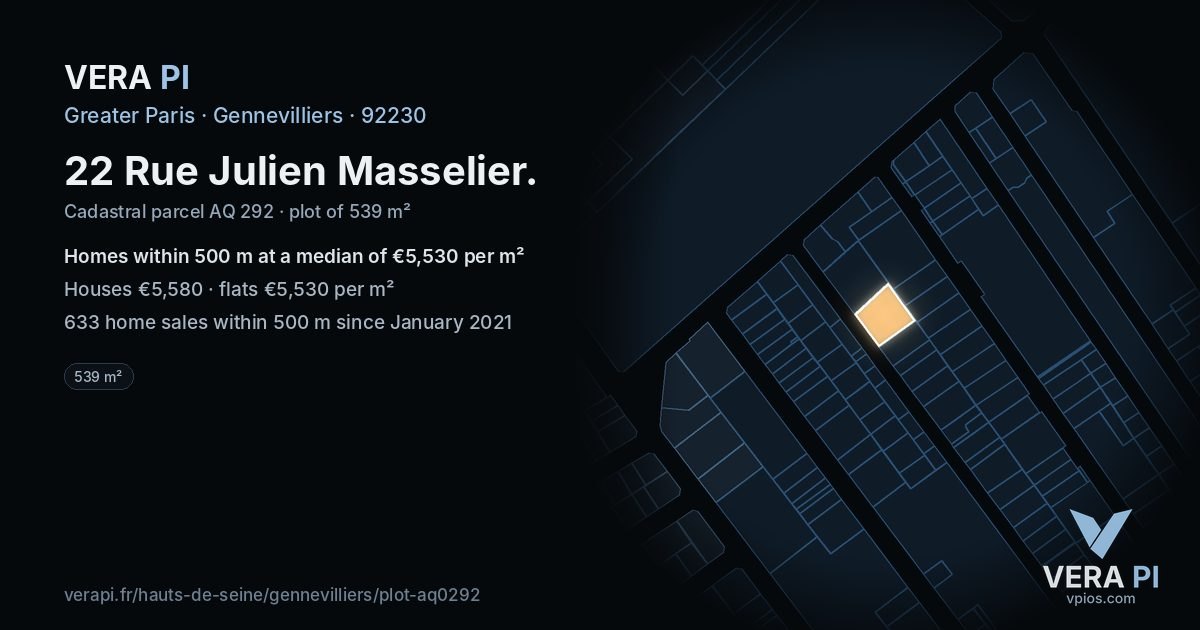 22 Rue Julien Masselier, Gennevilliers at night – the plot lit, the parcels around coloured by the prices near them