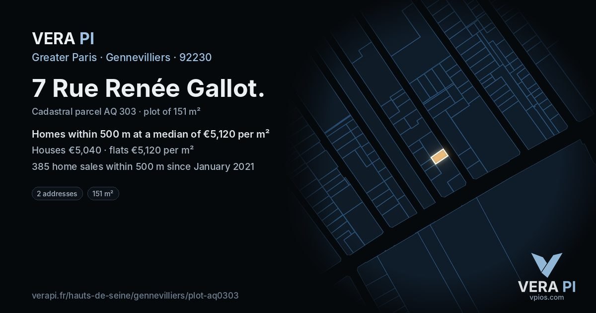 7 Rue Renée Gallot, Gennevilliers at night – the plot lit, the parcels around coloured by the prices near them