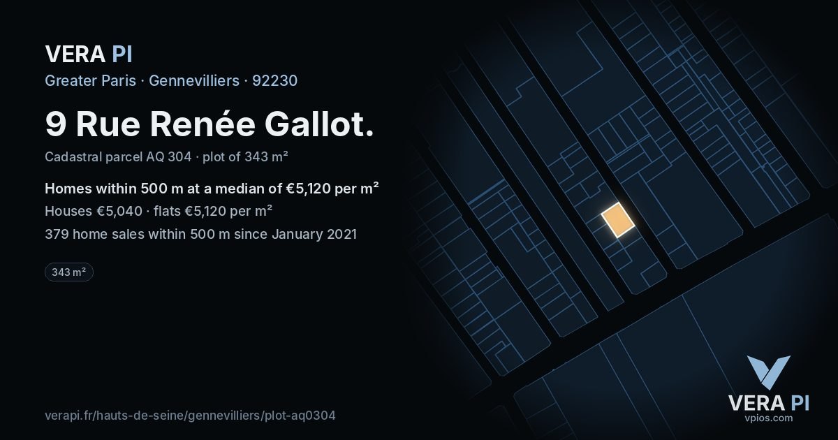 9 Rue Renée Gallot, Gennevilliers at night – the plot lit, the parcels around coloured by the prices near them