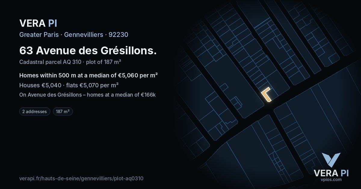 63 Avenue des Grésillons, Gennevilliers at night – the plot lit, the parcels around coloured by the prices near them