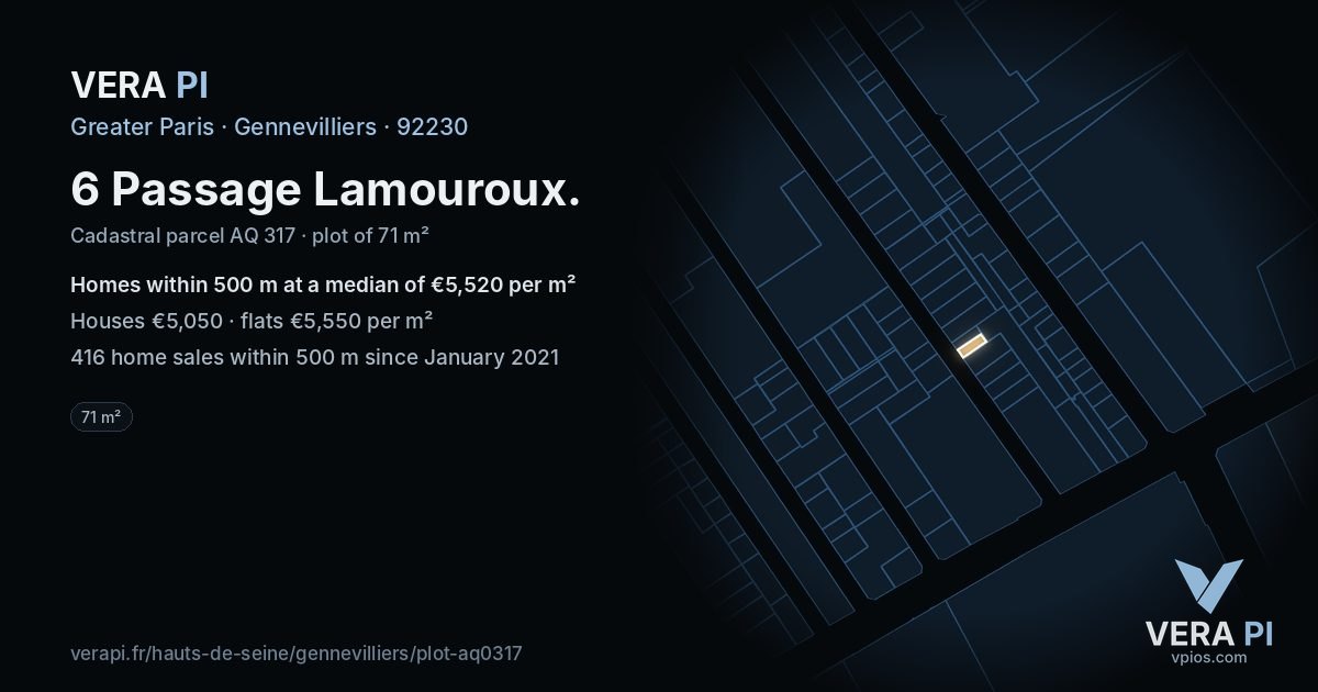 6 Passage Lamouroux, Gennevilliers at night – the plot lit, the parcels around coloured by the prices near them