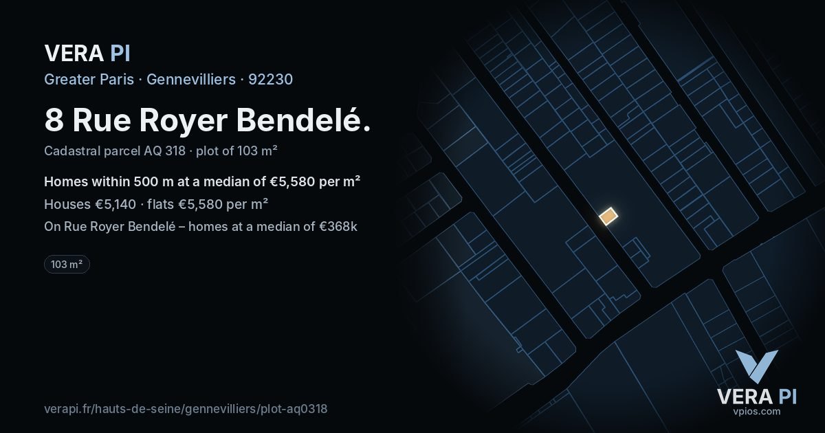 8 Rue Royer Bendelé, Gennevilliers at night – the plot lit, the parcels around coloured by the prices near them