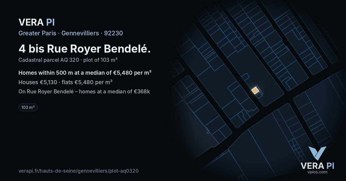 4 bis Rue Royer Bendelé, Gennevilliers at night – the plot lit, the parcels around coloured by the prices near them