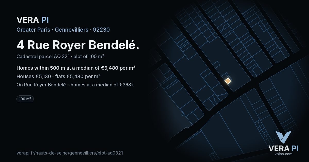 4 Rue Royer Bendelé, Gennevilliers at night – the plot lit, the parcels around coloured by the prices near them